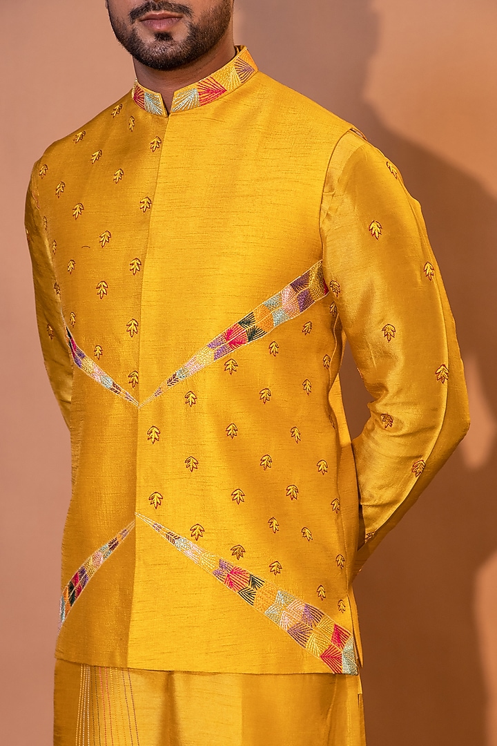 Mustard Yellow Bam Silk Embroidered Nehru Jacket Set by YOSEBA at Pernia's Pop Up Shop