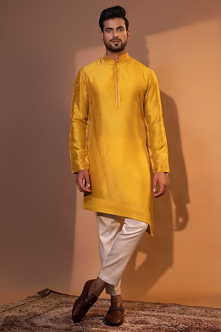 Mustard Yellow Bam Silk Embroidered Kurta Set by YOSEBA