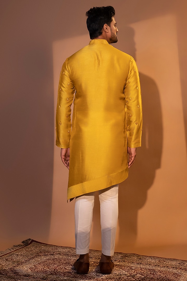 Mustard Yellow Bam Silk Embroidered Kurta Set by YOSEBA at Pernia's Pop Up Shop