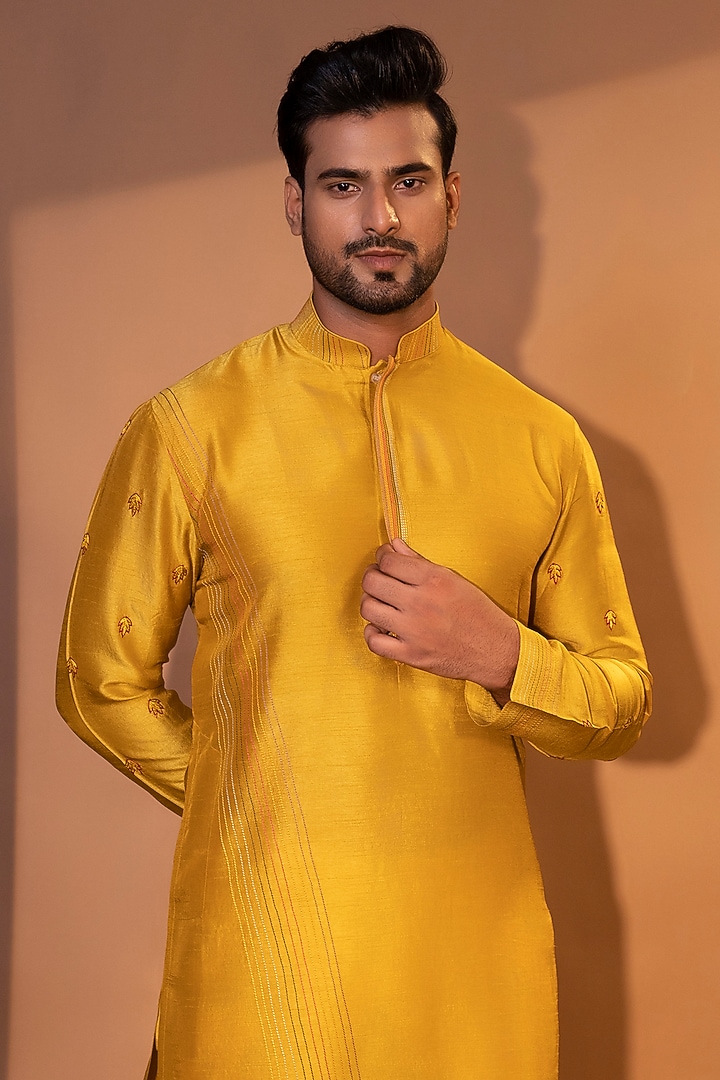 Mustard Yellow Bam Silk Embroidered Kurta Set by YOSEBA at Pernia's Pop Up Shop