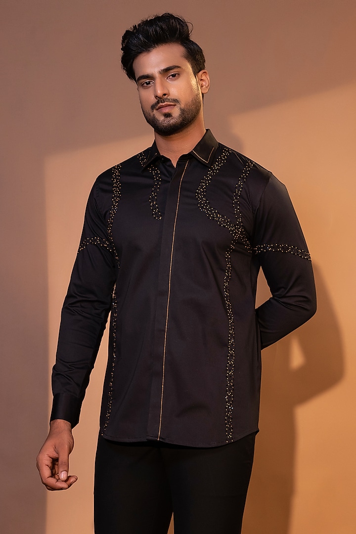 Black Premium Cotton Cutdana Embroidered Shirt by YOSEBA