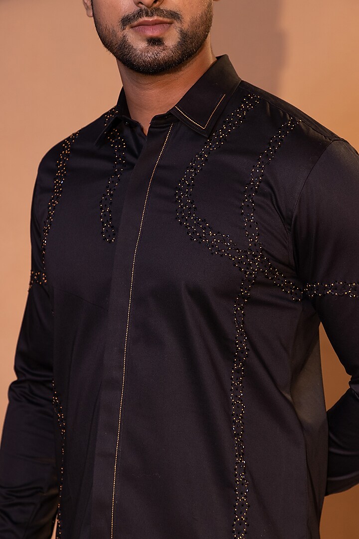 Black Premium Cotton Cutdana Embroidered Party Wear Shirt by YOSEBA at Pernia's Pop Up Shop
