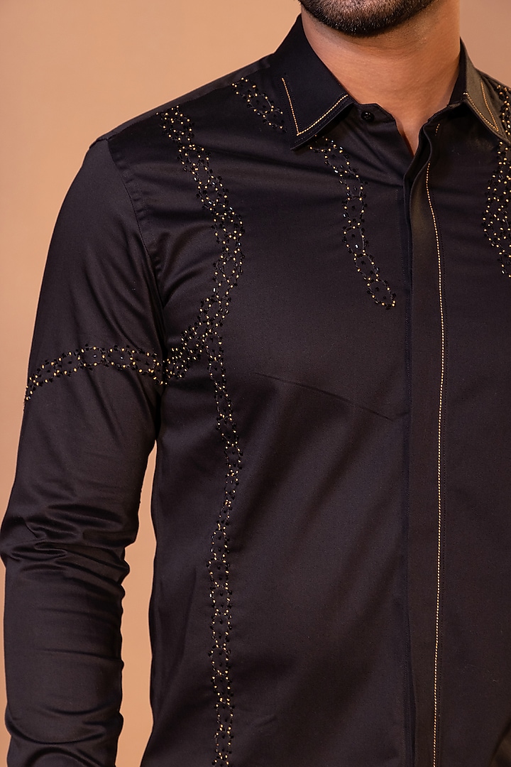 Black Premium Cotton Cutdana Embroidered Party Wear Shirt by YOSEBA at Pernia's Pop Up Shop
