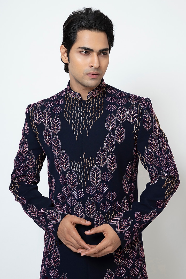Midnight Blue Stretchable Premium Suiting Thread Work Achkan Set by YOSEBA at Pernia's Pop Up Shop