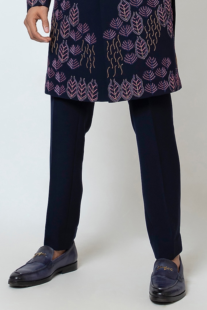 Midnight Blue Stretchable Premium Suiting Thread Work Achkan Set by YOSEBA at Pernia's Pop Up Shop