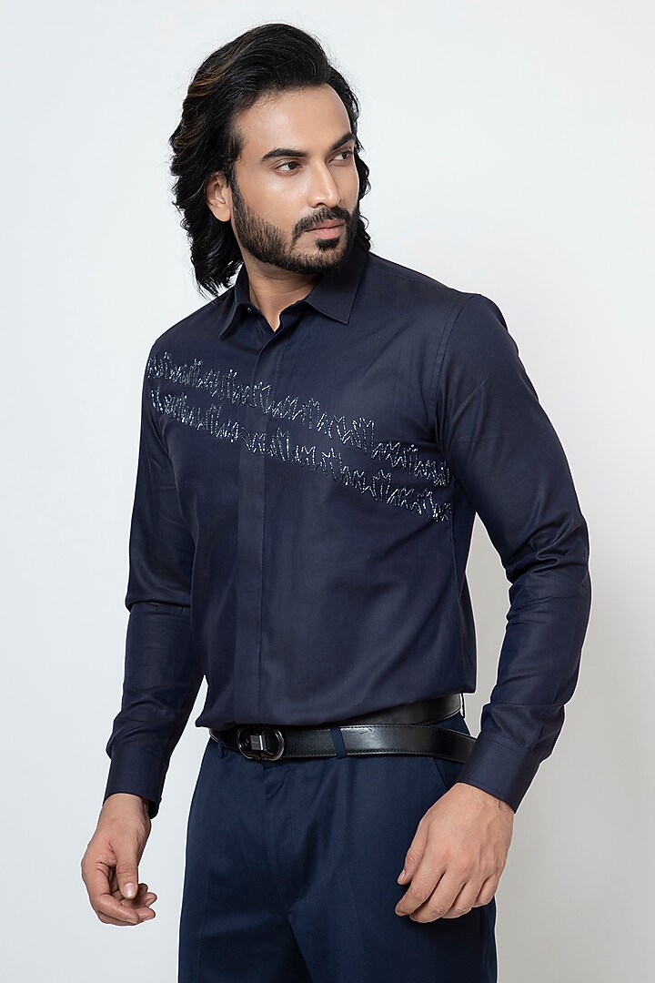 Deep Blue Premium Cotton Party Wear Shirt by YOSEBA at Pernia's Pop Up Shop