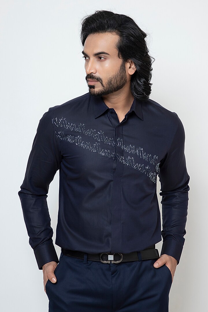 Deep Blue Premium Cotton Party Wear Shirt by YOSEBA at Pernia's Pop Up Shop
