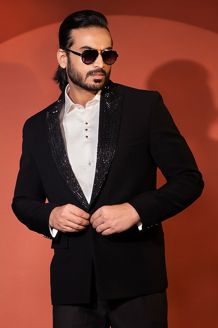 Black Stretch Blazer Set by YOSEBA at Pernia's Pop Up Shop