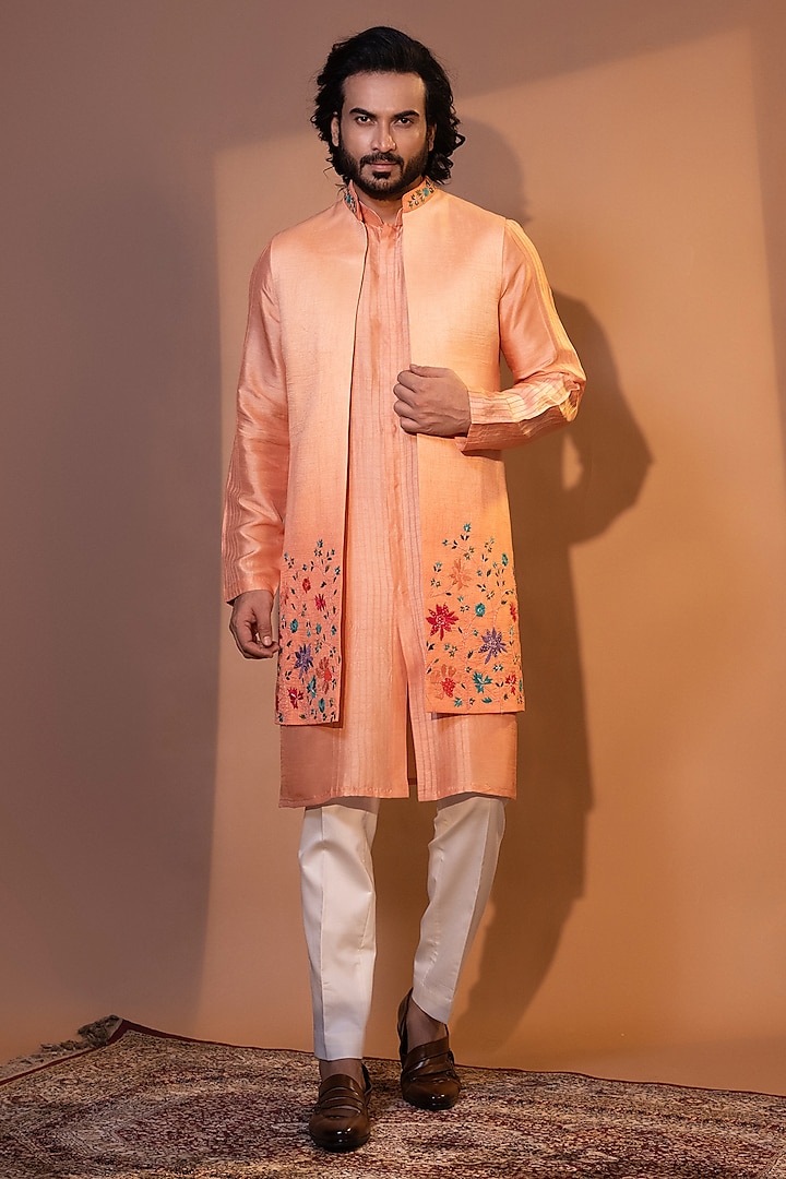 Peach Ombre Bam Silk Thread Work Nehru Jacket Set by YOSEBA