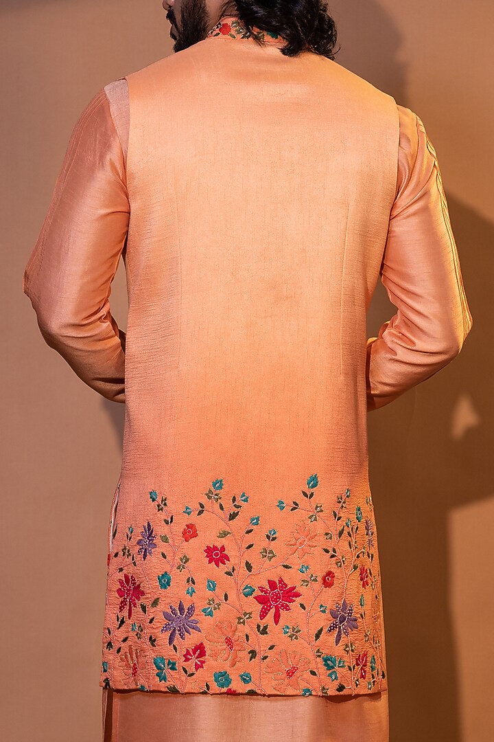 Peach Ombre Bam Silk Thread Work Nehru Jacket Set by YOSEBA at Pernia's Pop Up Shop