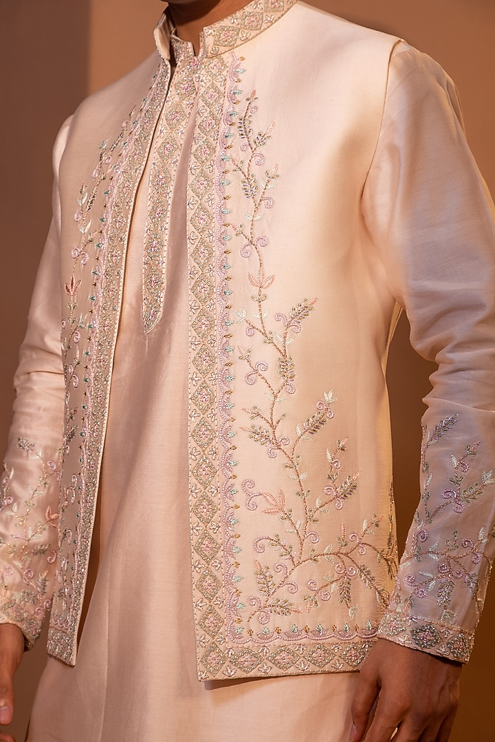 Peachish Pink Chanderi Silk Embroidered Nehru Jacket Set by YOSEBA at Pernia's Pop Up Shop