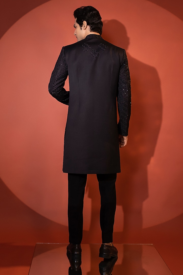 Black Premium Suiting Thread Work Achkan Set by YOSEBA at Pernia's Pop Up Shop