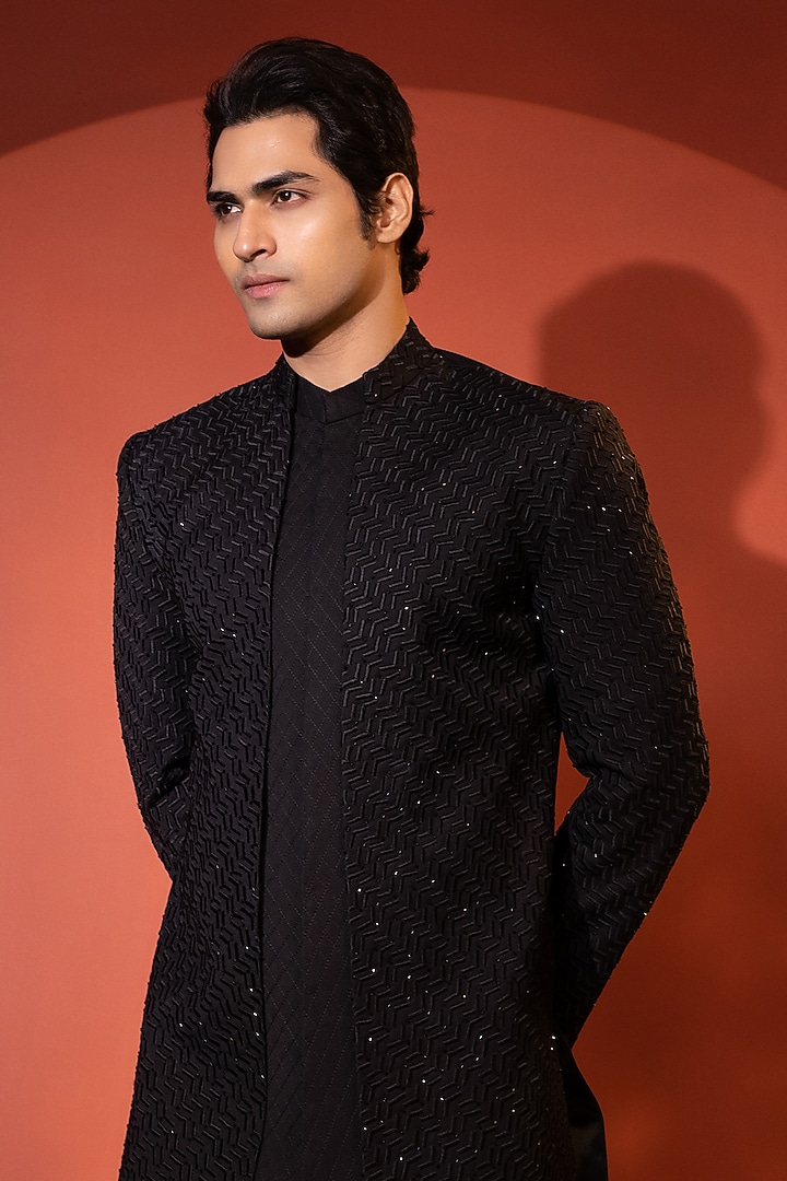 Black Premium Suiting Thread Work Achkan Set by YOSEBA at Pernia's Pop Up Shop