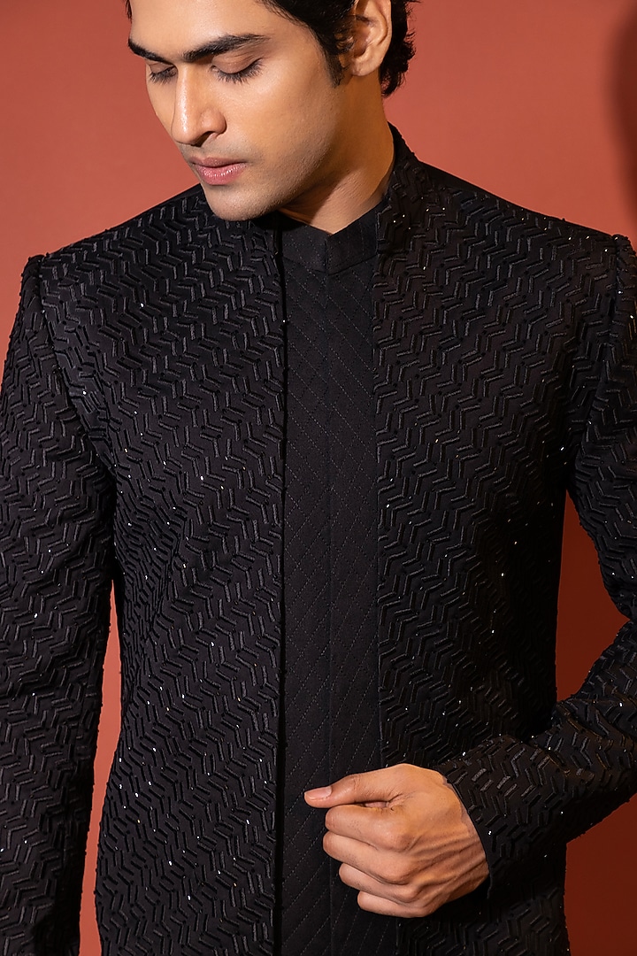 Black Premium Suiting Thread Work Achkan Set by YOSEBA at Pernia's Pop Up Shop