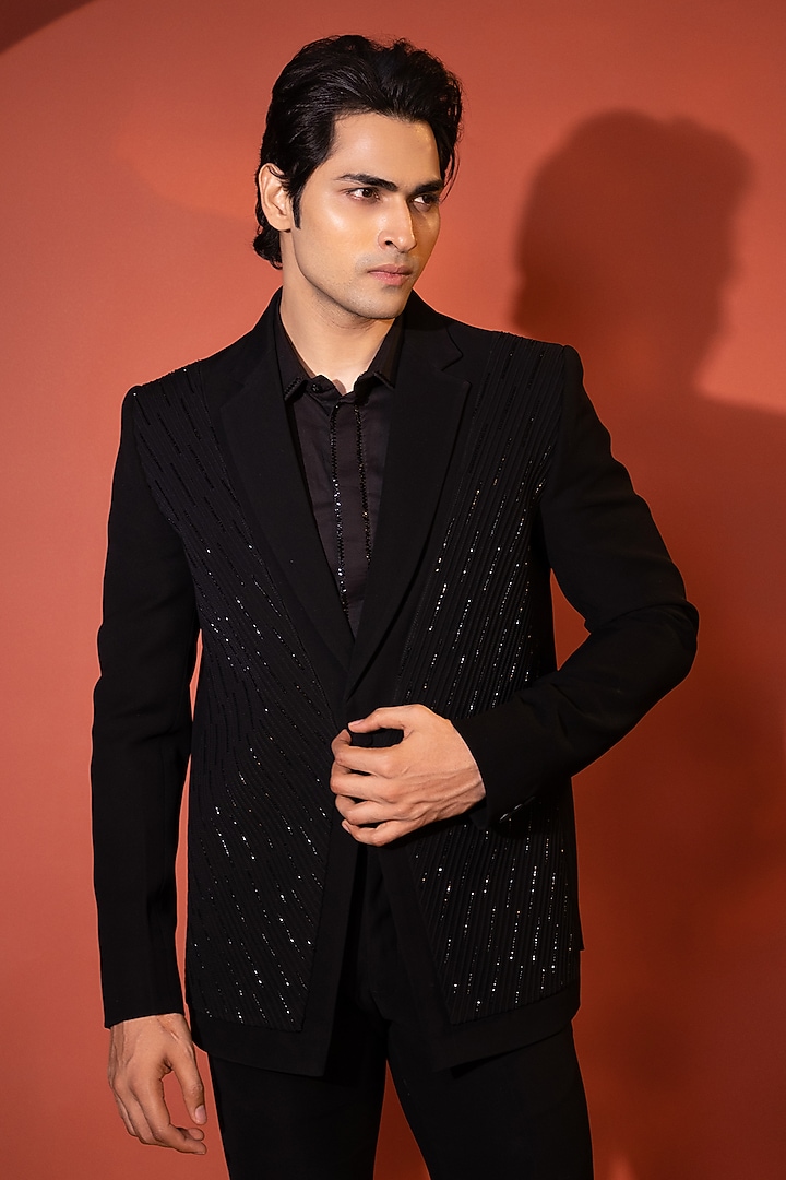 Black Stretch Cutdana Embellished Pintuck Blazer Set by YOSEBA at Pernia's Pop Up Shop