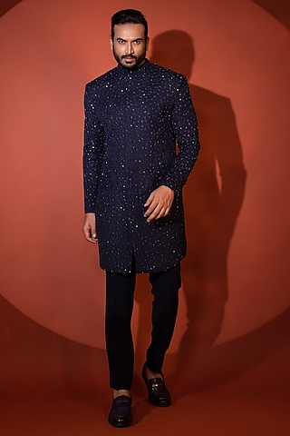 Dark Blue Premium Suiting Thread Embellished Achkan Set by YOSEBA