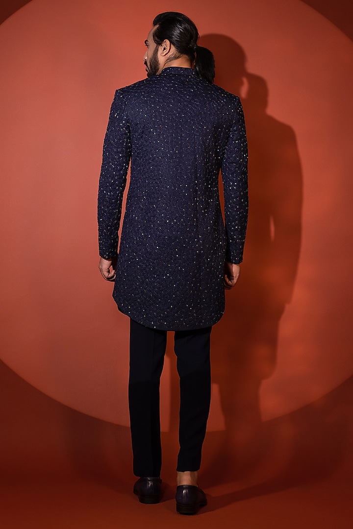 Dark Blue Premium Suiting Thread Embellished Achkan Set by YOSEBA at Pernia's Pop Up Shop