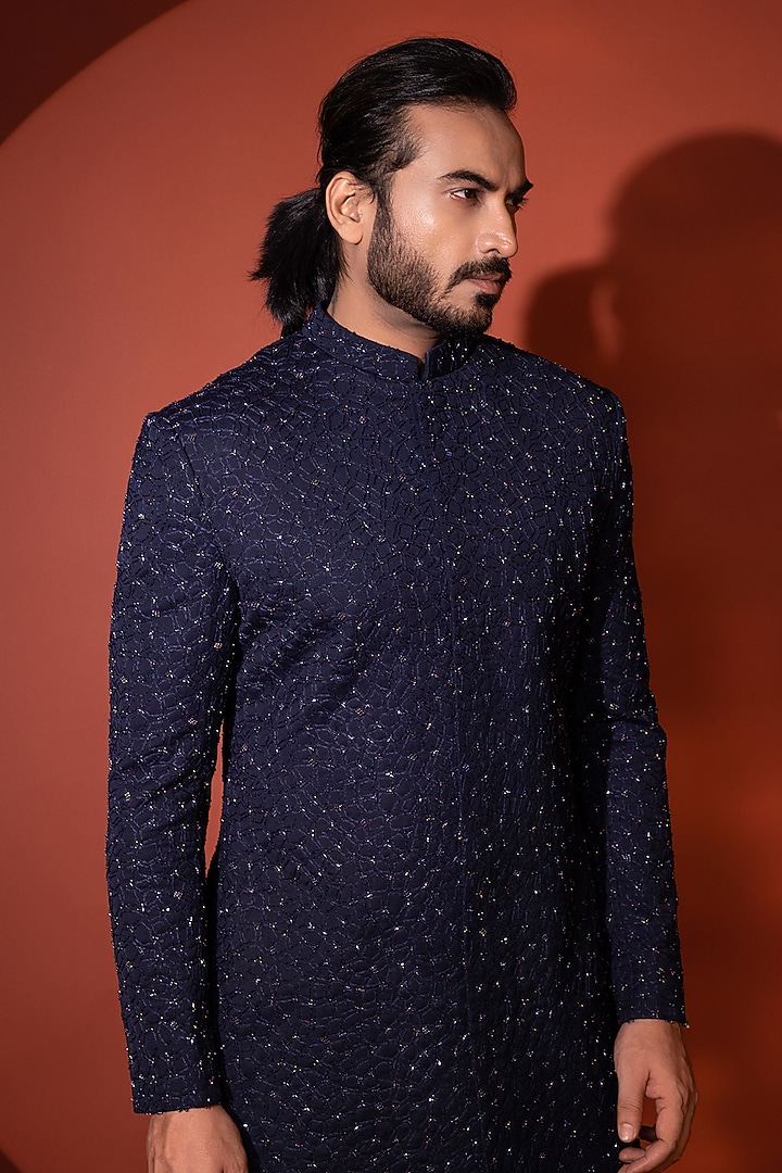 Dark Blue Premium Suiting Thread Embellished Achkan Set by YOSEBA at Pernia's Pop Up Shop