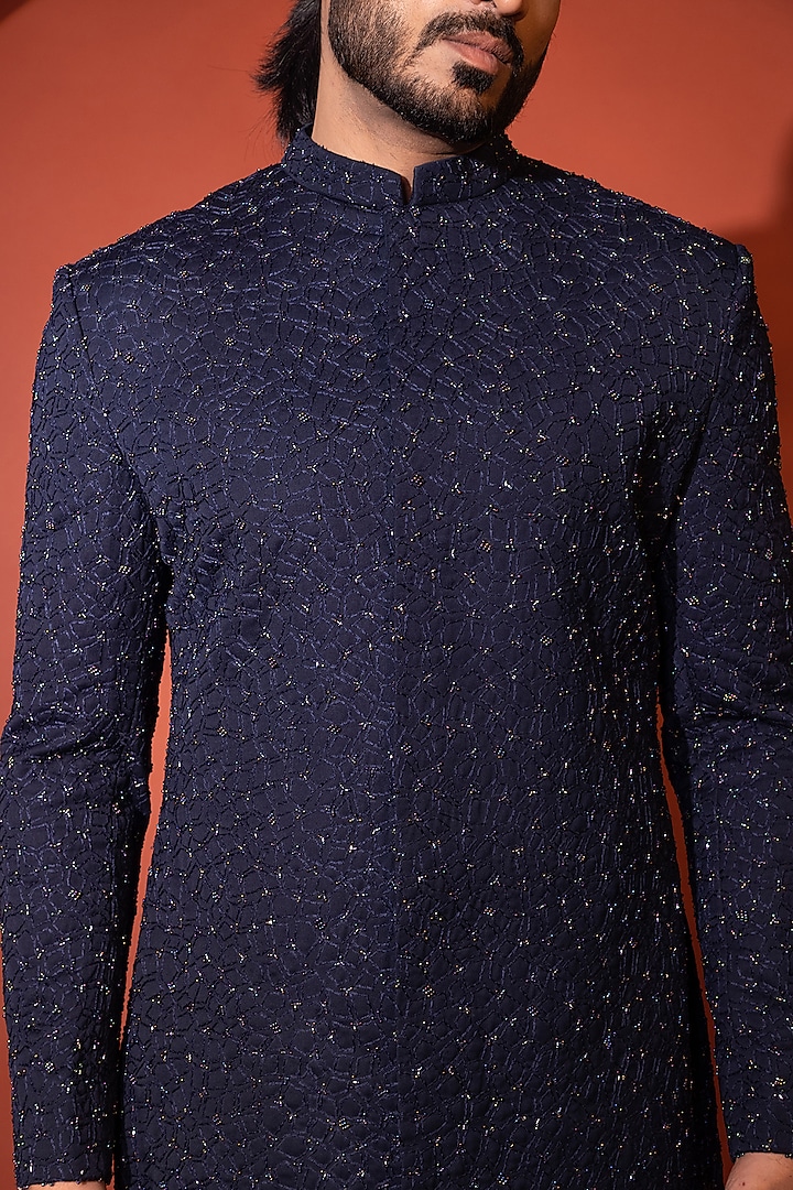 Dark Blue Premium Suiting Thread Embellished Achkan Set by YOSEBA at Pernia's Pop Up Shop