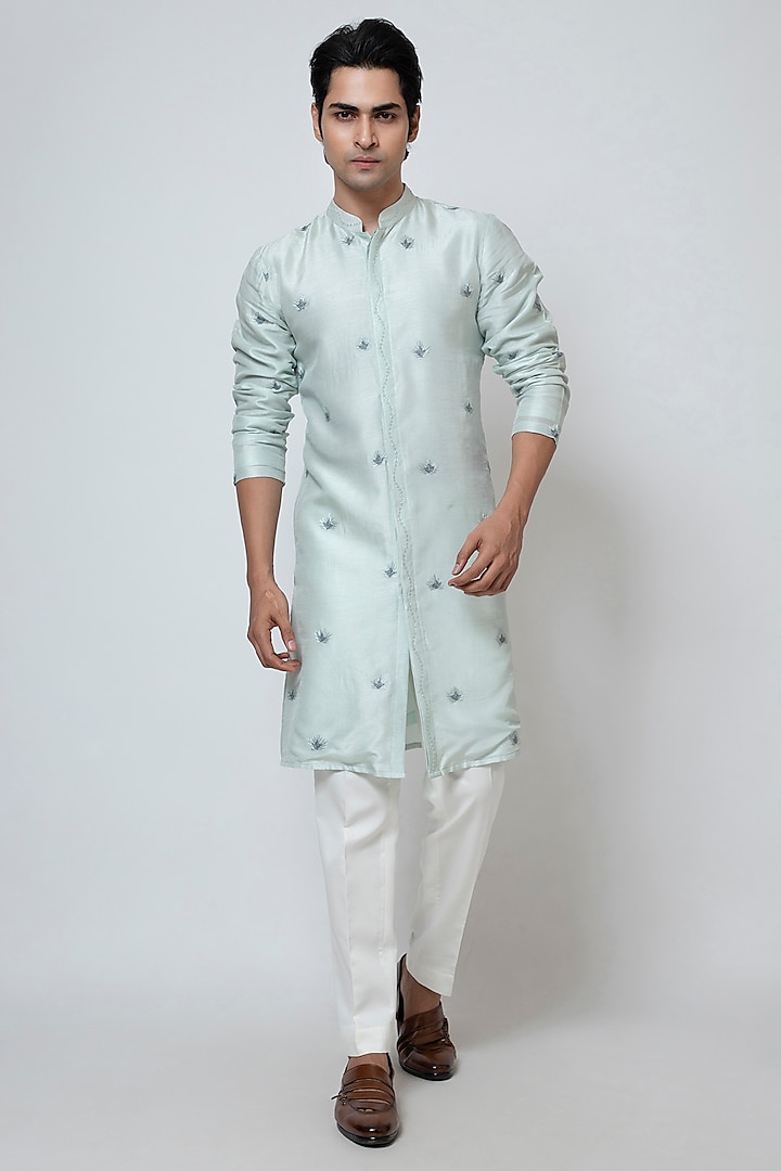 Powder Blue Bam Silk Cutdana Embroidered Kurta Set by YOSEBA