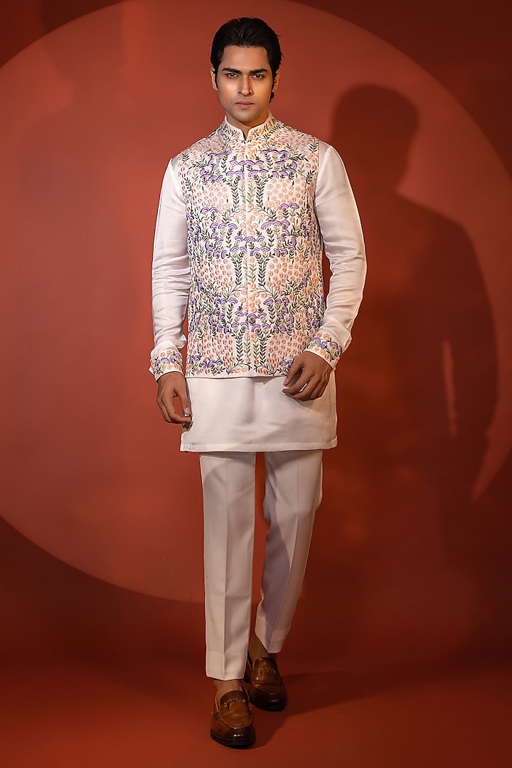 White Linen Satin Thread Embroidered Nehru Jacket Set by YOSEBA