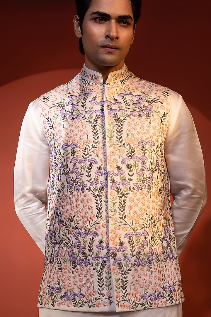 White Linen Satin Thread Embroidered Nehru Jacket Set by YOSEBA at Pernia's Pop Up Shop