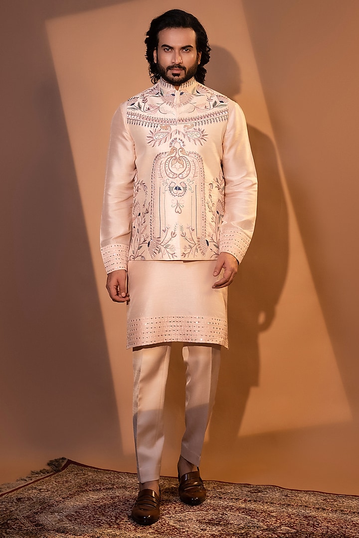 Blush Pink Bam Silk Dabka Embellished Nehru Jacket Set by YOSEBA at Pernia's Pop Up Shop