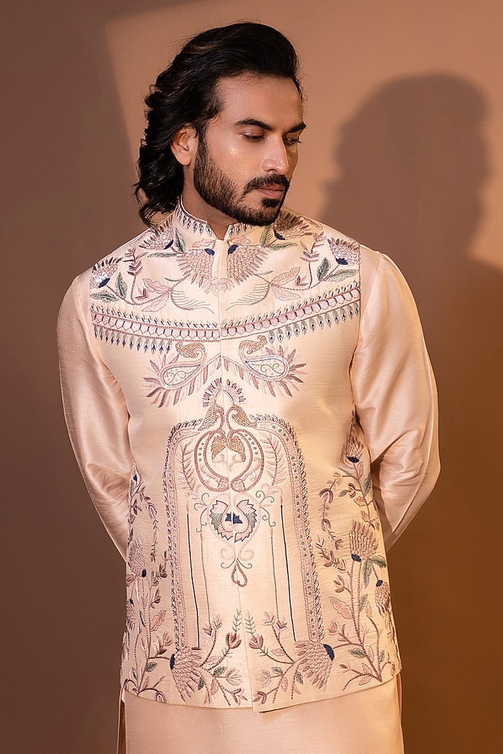 Blush Pink Bam Silk Dabka Embellished Nehru Jacket Set by YOSEBA at Pernia's Pop Up Shop