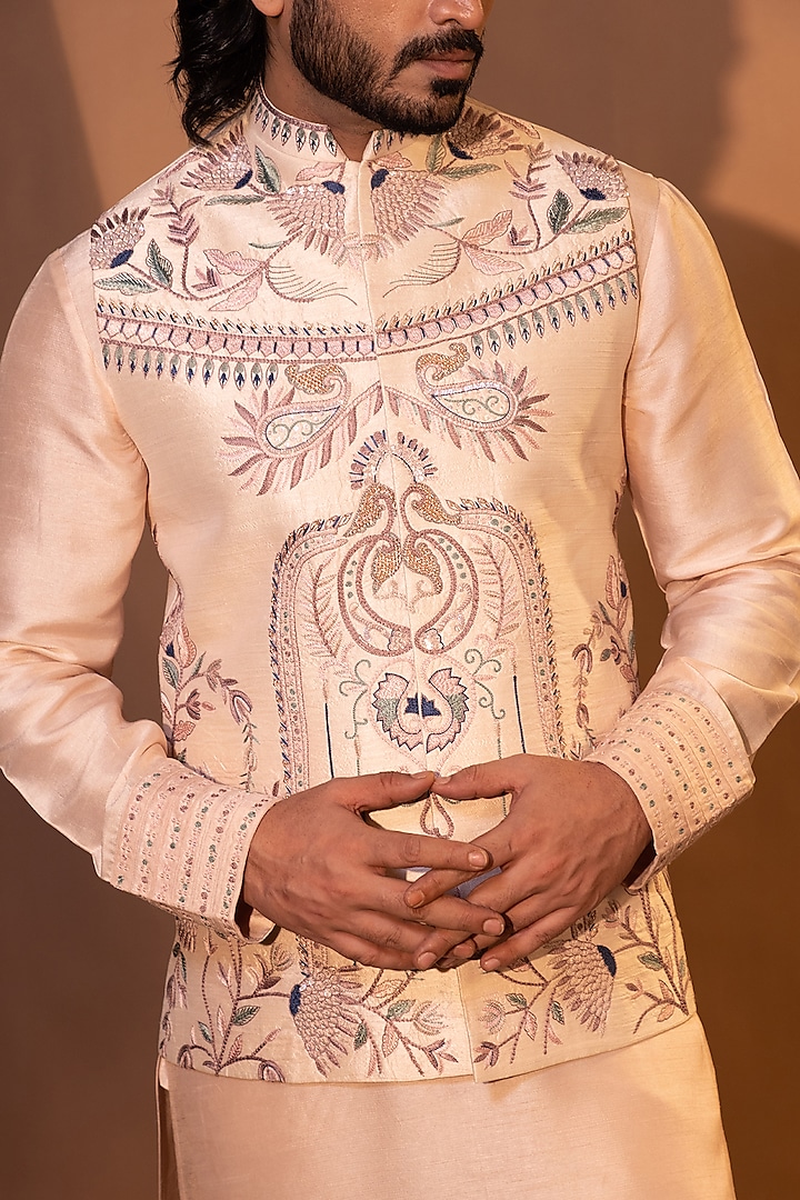 Blush Pink Bam Silk Dabka Embellished Nehru Jacket Set by YOSEBA at Pernia's Pop Up Shop