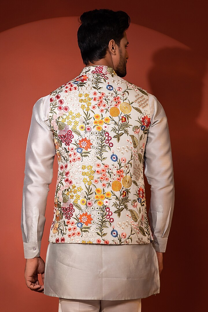 Panache Green Chanderi Floral Embroidered Nehru Jacket Set by YOSEBA at Pernia's Pop Up Shop