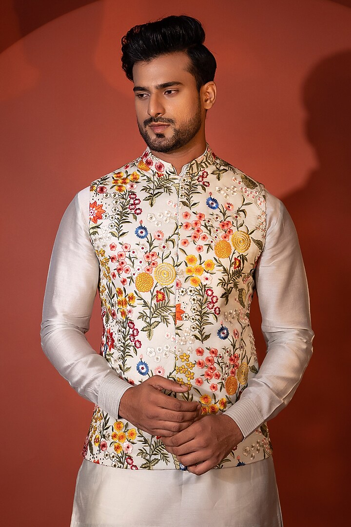 Panache Green Chanderi Floral Embroidered Nehru Jacket Set by YOSEBA at Pernia's Pop Up Shop