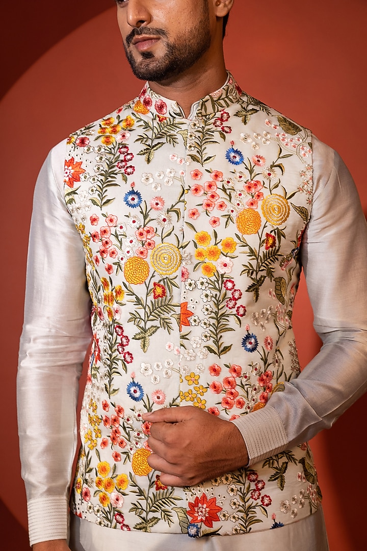 Panache Green Chanderi Floral Embroidered Nehru Jacket Set by YOSEBA at Pernia's Pop Up Shop