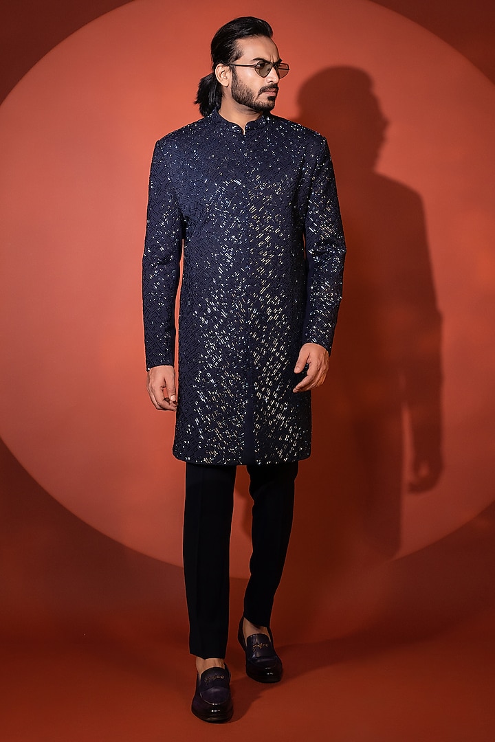 Navy Blue Premium Suiting Cutdana Embroidered Achkan Set by YOSEBA