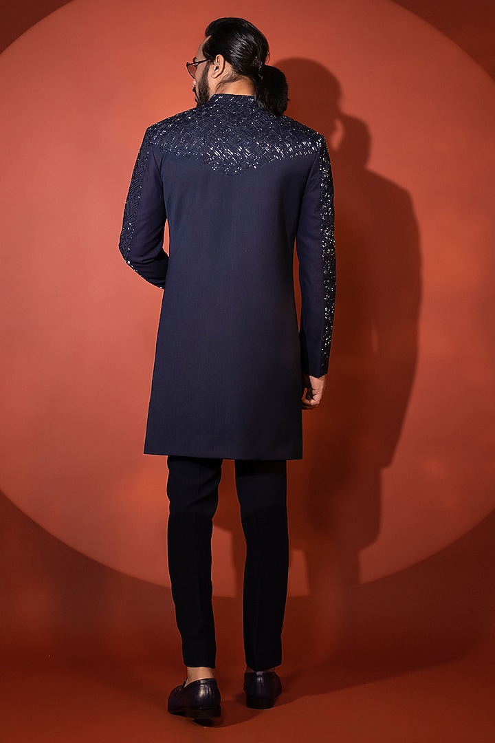 Navy Blue Premium Suiting Cutdana Embroidered Achkan Set by YOSEBA at Pernia's Pop Up Shop