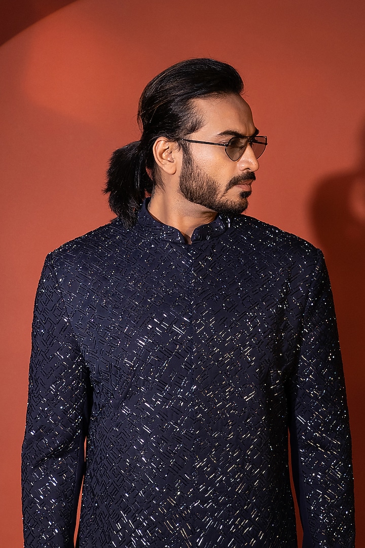 Navy Blue Premium Suiting Cutdana Embroidered Achkan Set by YOSEBA at Pernia's Pop Up Shop