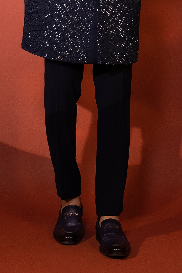 Navy Blue Premium Suiting Cutdana Embroidered Achkan Set by YOSEBA at Pernia's Pop Up Shop