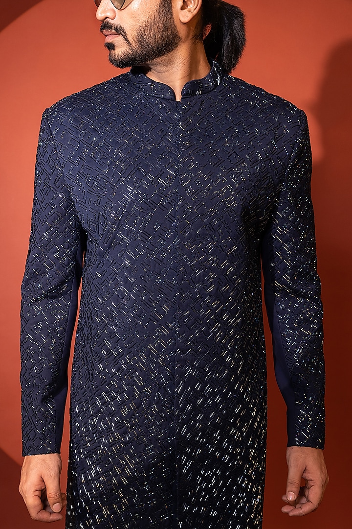 Navy Blue Premium Suiting Cutdana Embroidered Achkan Set by YOSEBA at Pernia's Pop Up Shop