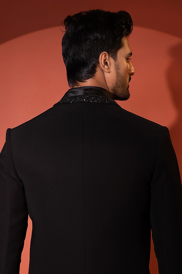 Black Stretch Sequin Embellished Tuxedo Set by YOSEBA at Pernia's Pop Up Shop
