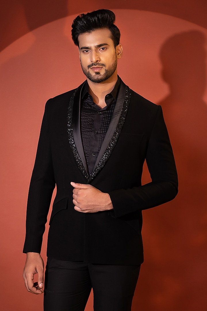 Black Stretch Sequin Embellished Tuxedo Set by YOSEBA at Pernia's Pop Up Shop