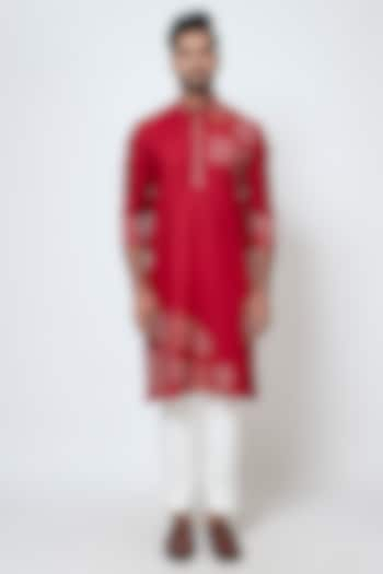 Red Cotton Silk Thread Work Kurta Set by YOSEBA at Pernia's Pop Up Shop