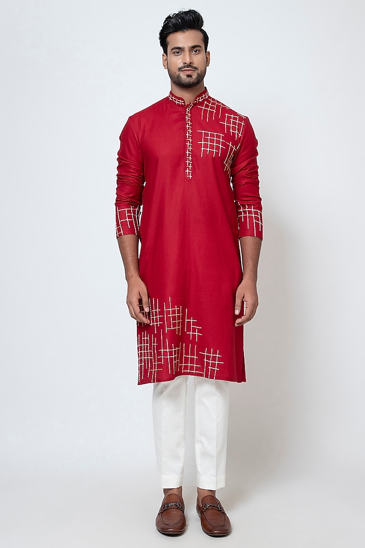 Red Cotton Silk Thread Work Kurta Set by YOSEBA at Pernia's Pop Up Shop