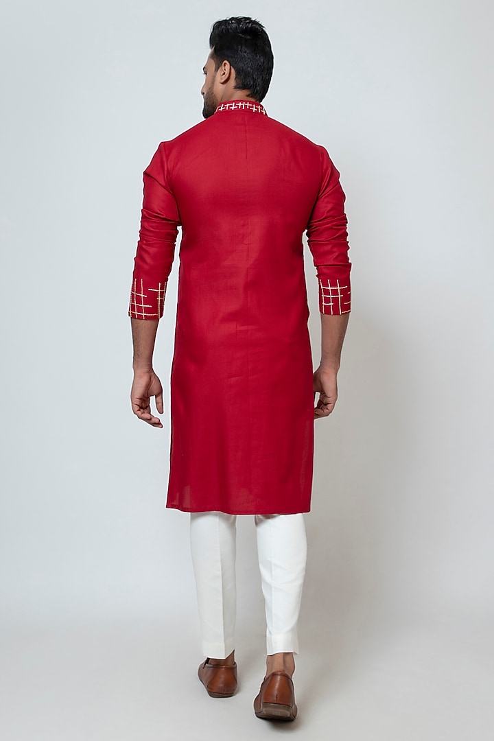 Red Cotton Silk Thread Work Kurta Set by YOSEBA at Pernia's Pop Up Shop
