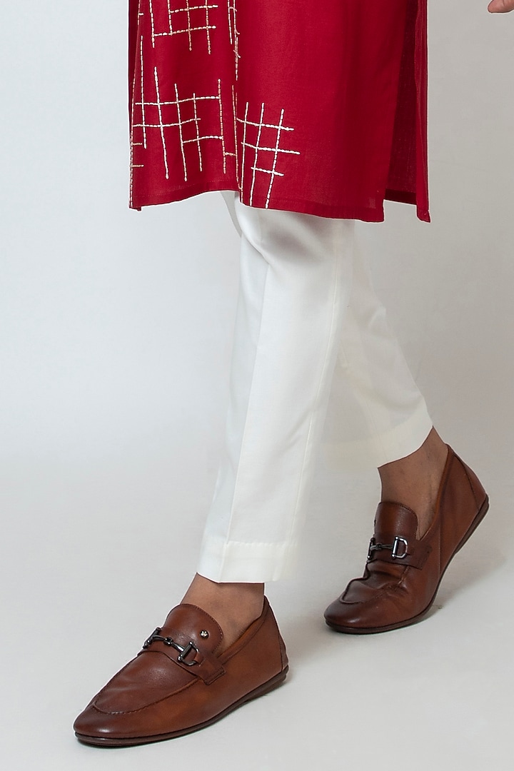 Red Cotton Silk Thread Work Kurta Set by YOSEBA at Pernia's Pop Up Shop