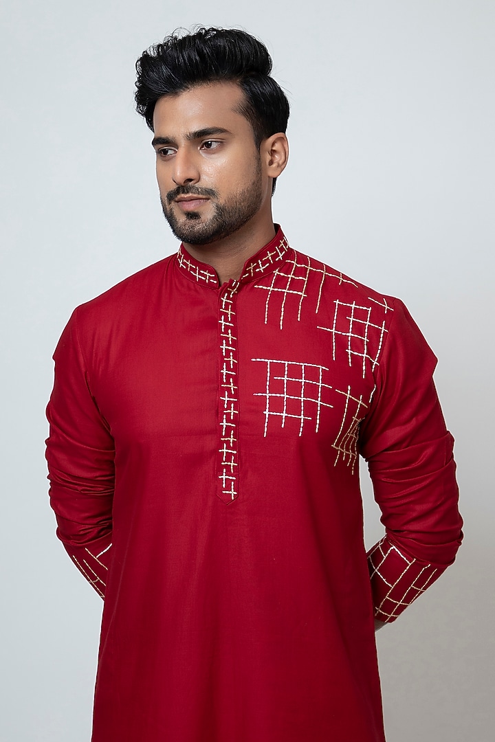 Red Cotton Silk Thread Work Kurta Set by YOSEBA at Pernia's Pop Up Shop
