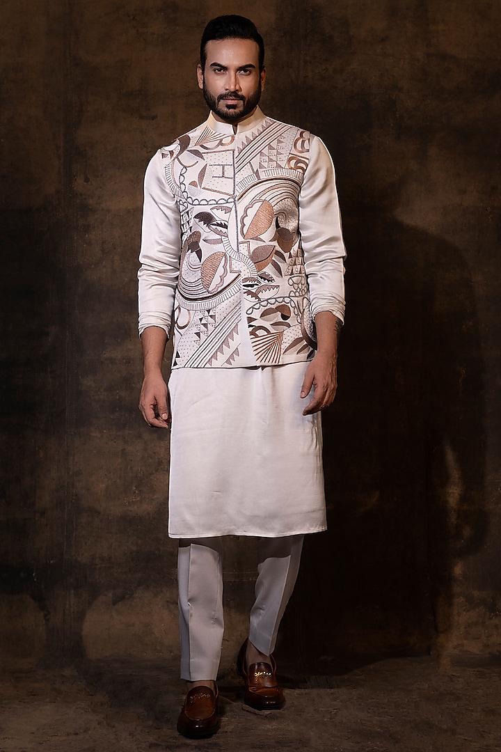 Grey Linen Satin Geometric Embroidered Nehru Jacket Set by YOSEBA