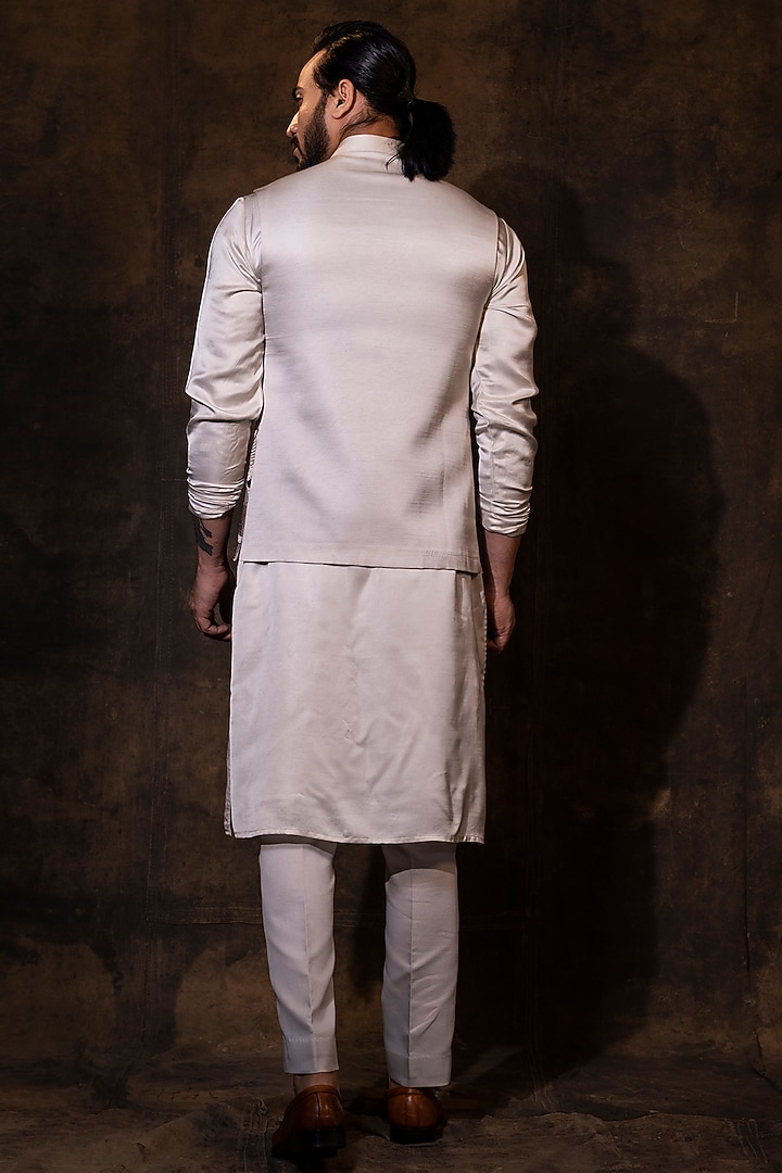 Grey Linen Satin Geometric Embroidered Nehru Jacket Set by YOSEBA at Pernia's Pop Up Shop