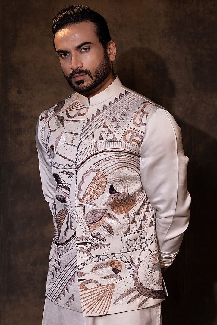 Grey Linen Satin Geometric Embroidered Nehru Jacket Set by YOSEBA at Pernia's Pop Up Shop