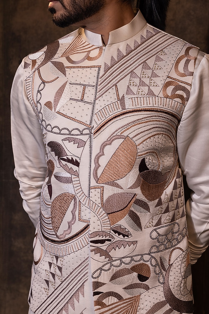 Grey Linen Satin Geometric Embroidered Nehru Jacket Set by YOSEBA at Pernia's Pop Up Shop