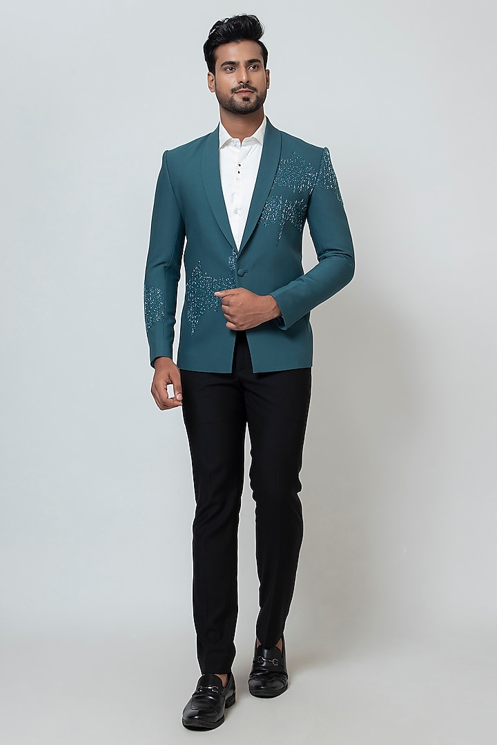 Teal Premium Suiting Fabric Cutdana Work Blazer Set by YOSEBA at Pernia's Pop Up Shop