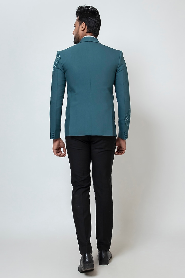 Teal Premium Suiting Fabric Cutdana Work Blazer Set by YOSEBA at Pernia's Pop Up Shop